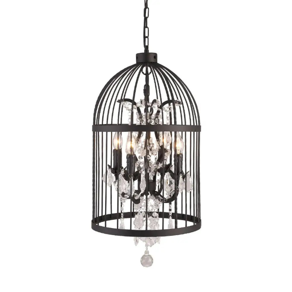 Retro Industrial Chandeliers - 8-Light Cage Shaped Coffee Shop Hanging Lamp with Crystal Pendant