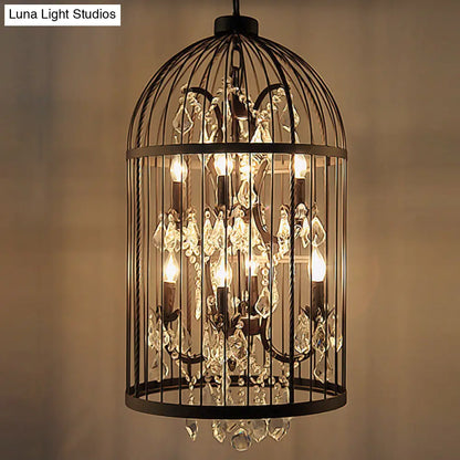 Retro Industrial Chandeliers - 8-Light Cage Shaped Coffee Shop Hanging Lamp with Crystal Pendant