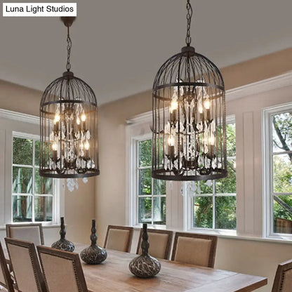 Retro Industrial Chandeliers - 8-Light Cage Shaped Coffee Shop Hanging Lamp with Crystal Pendant