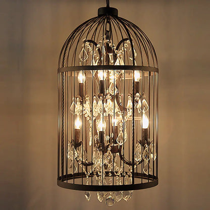 Retro Industrial Chandeliers - 8-Light Cage Shaped Coffee Shop Hanging Lamp with Crystal Pendant