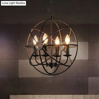 Retro Industrial Globe Pendant Chandelier - Iron Hanging Light Fixture with Candle Design for Coffee Shop Décor