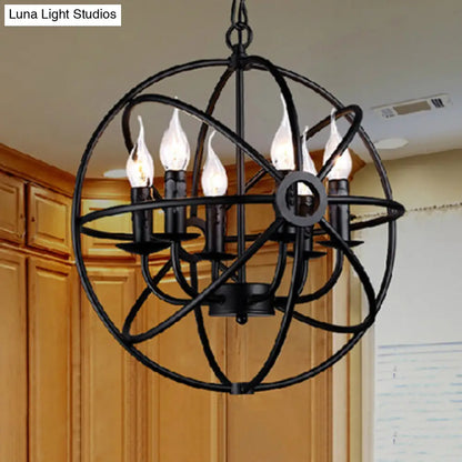 Retro Industrial Globe Pendant Chandelier - Iron Hanging Light Fixture with Candle Design for Coffee Shop Décor