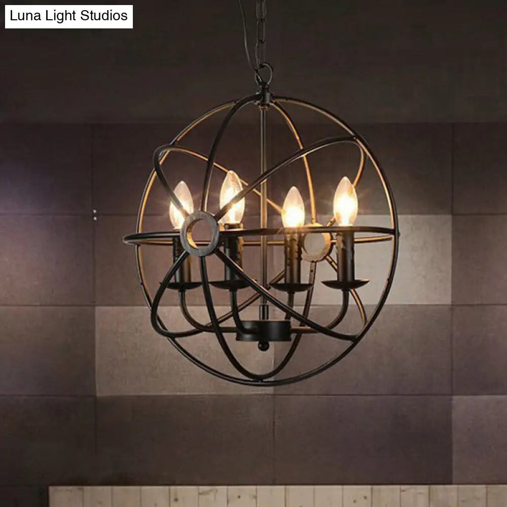 Retro Industrial Globe Pendant Chandelier - Iron Hanging Light Fixture with Candle Design for Coffee Shop Décor