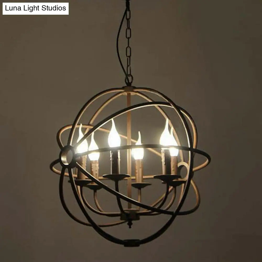 Retro Industrial Globe Pendant Chandelier - Iron Hanging Light Fixture with Candle Design for Coffee Shop Décor