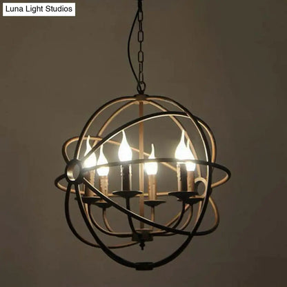 Retro Industrial Globe Pendant Chandelier - Iron Hanging Light Fixture with Candle Design for Coffee Shop Décor