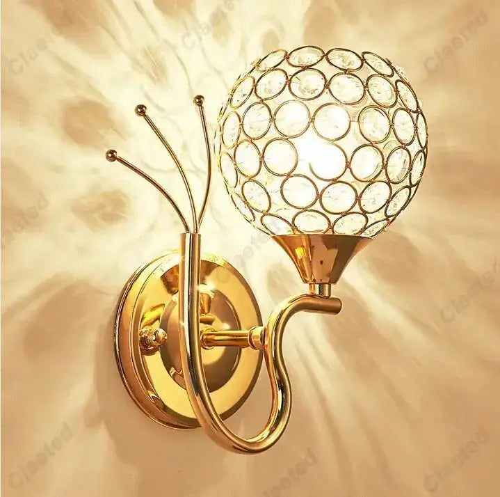 Retro industrial gold wall lamp sconce with spherical crystal globe design for elegant bedroom lighting