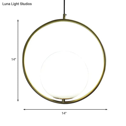 Retro Industrial Gold Suspension Light - Head Ring Pendant with Opal Glass Shade, 12"/14" Width