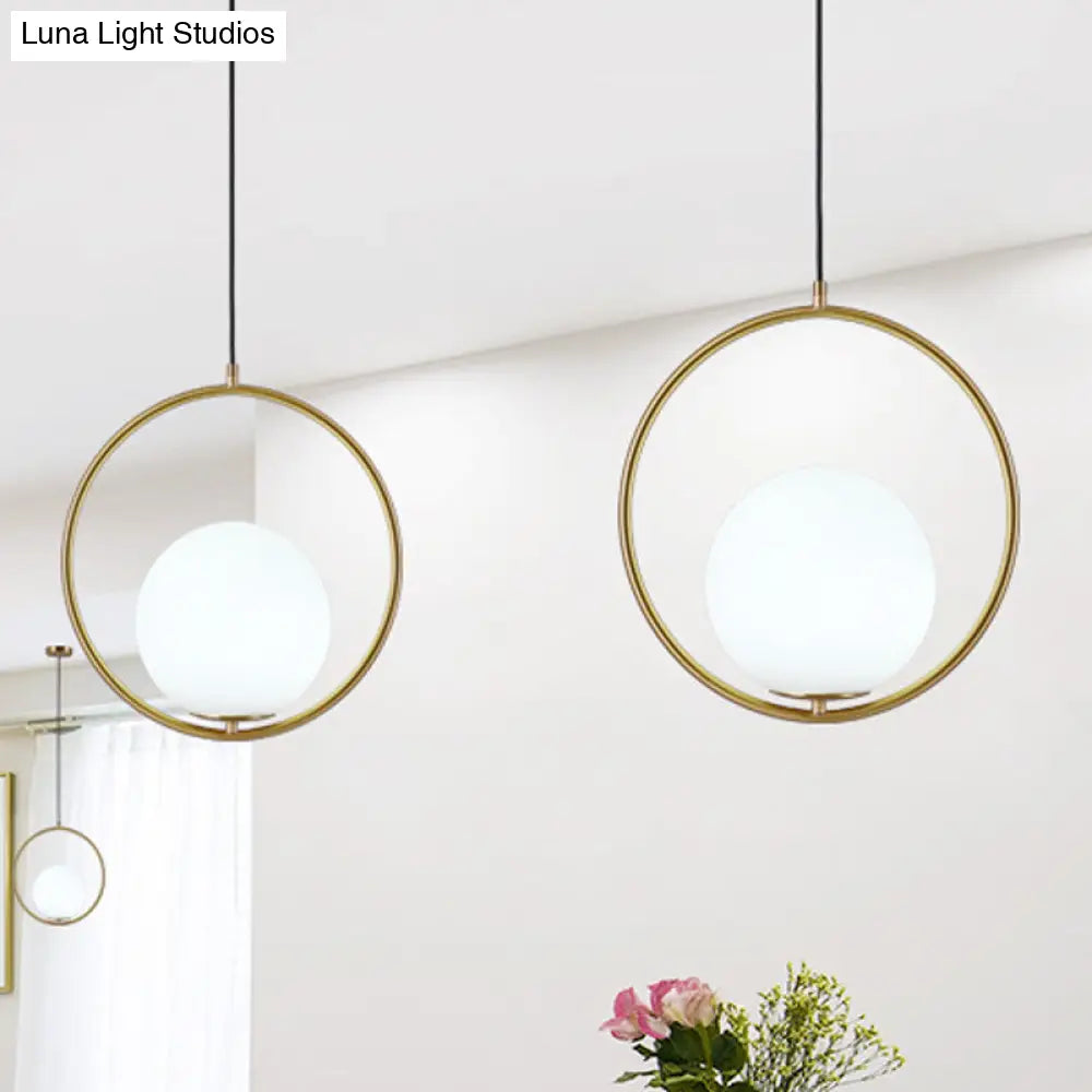 Retro Industrial Gold Suspension Light - Head Ring Pendant with Opal Glass Shade, 12"/14" Width