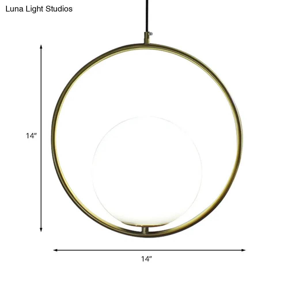 Retro Industrial Gold Suspension Light - Head Ring Pendant with Opal Glass Shade, 12"/14" Width