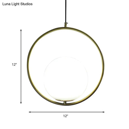 Retro Industrial Gold Suspension Light - Head Ring Pendant with Opal Glass Shade, 12"/14" Width