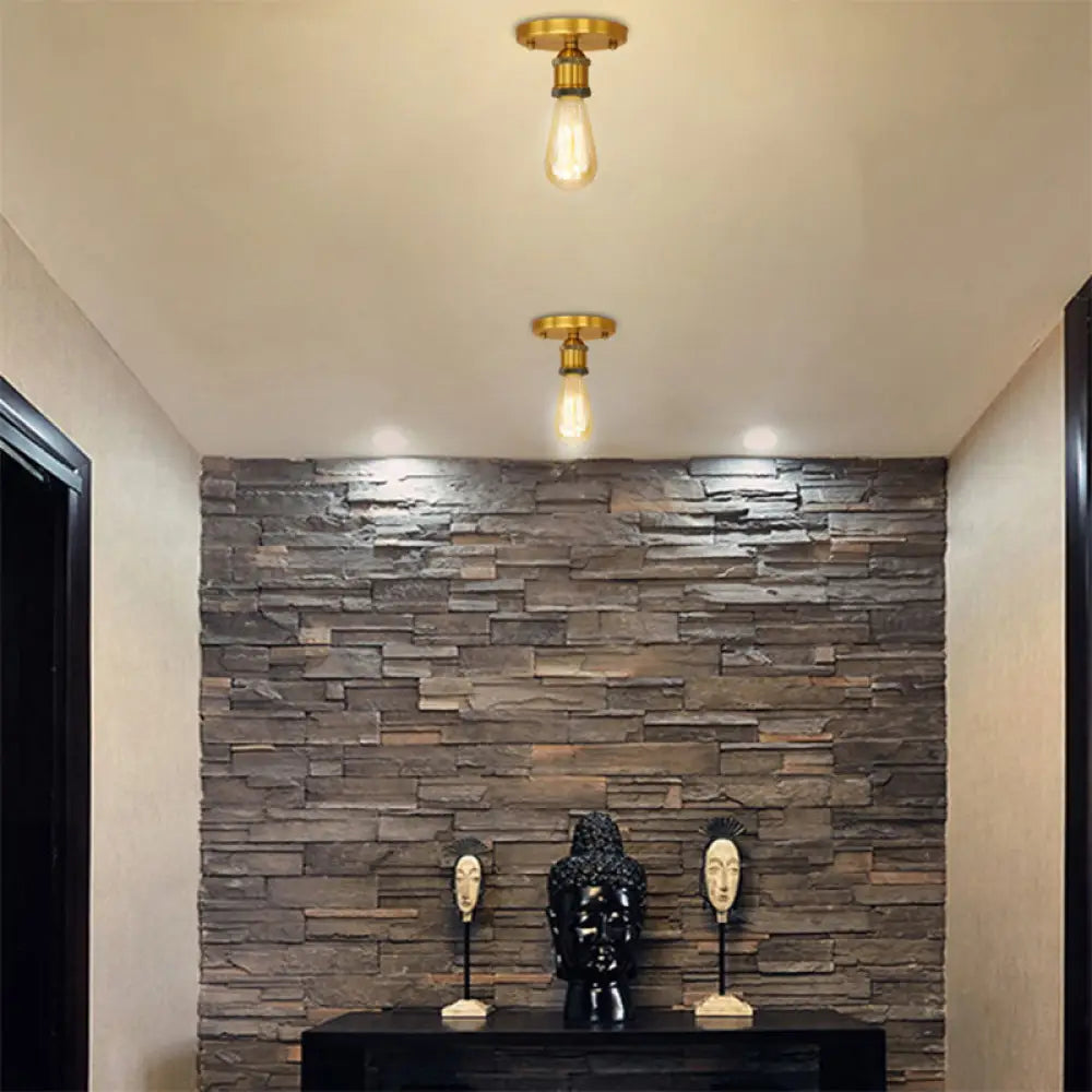 DecorBites™ DecorBites™ Retro Industrial Metal Black/Brass Finish Ceiling Lighting - Exposed Bulb Semi Flush Mount Light for Balcony- 1 Light