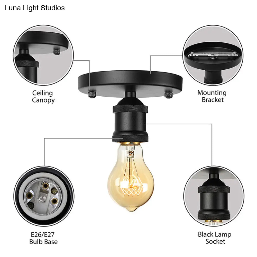 DecorBites™ DecorBites™ Retro Industrial Metal Black/Brass Finish Ceiling Lighting - Exposed Bulb Semi Flush Mount Light for Balcony- 1 Light