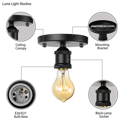 DecorBites™ DecorBites™ Retro Industrial Metal Black/Brass Finish Ceiling Lighting - Exposed Bulb Semi Flush Mount Light for Balcony- 1 Light