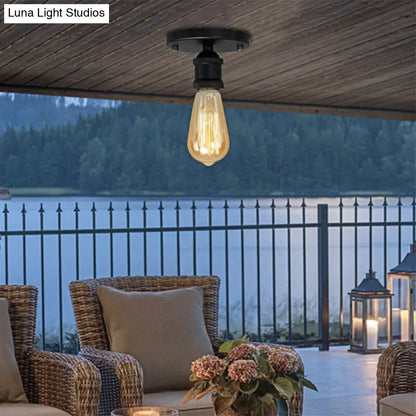 DecorBites™ DecorBites™ Retro Industrial Metal Black/Brass Finish Ceiling Lighting - Exposed Bulb Semi Flush Mount Light for Balcony- 1 Light