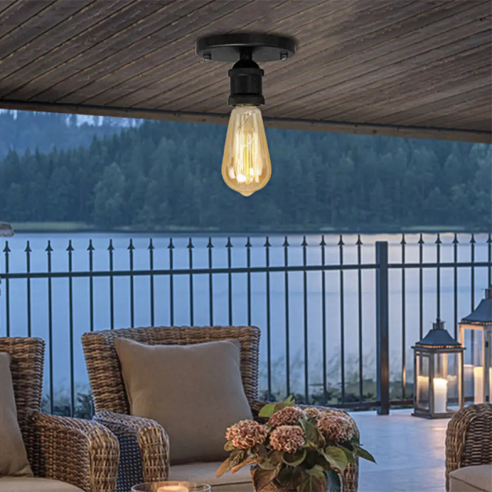 DecorBites™ DecorBites™ Retro Industrial Metal Black/Brass Finish Ceiling Lighting - Exposed Bulb Semi Flush Mount Light for Balcony- 1 Light