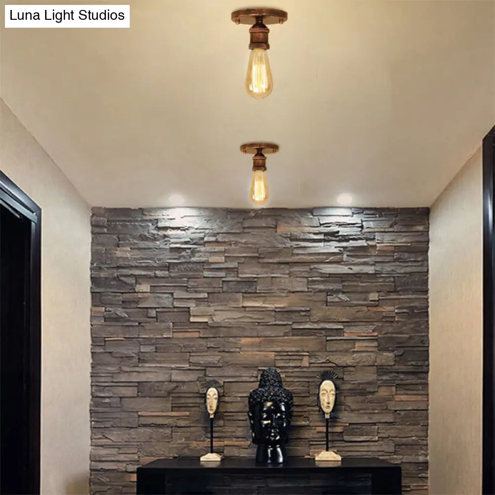 DecorBites™ DecorBites™ Retro Industrial Metal Black/Brass Finish Ceiling Lighting - Exposed Bulb Semi Flush Mount Light for Balcony- 1 Light