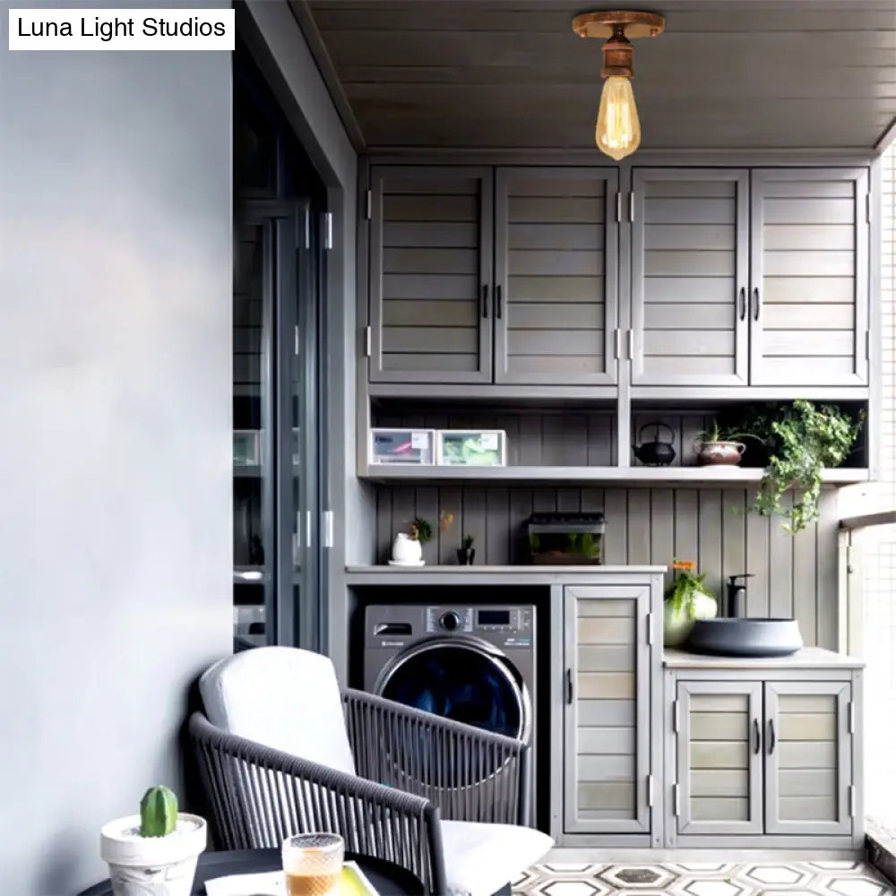 DecorBites™ DecorBites™ Retro Industrial Metal Black/Brass Finish Ceiling Lighting - Exposed Bulb Semi Flush Mount Light for Balcony- 1 Light