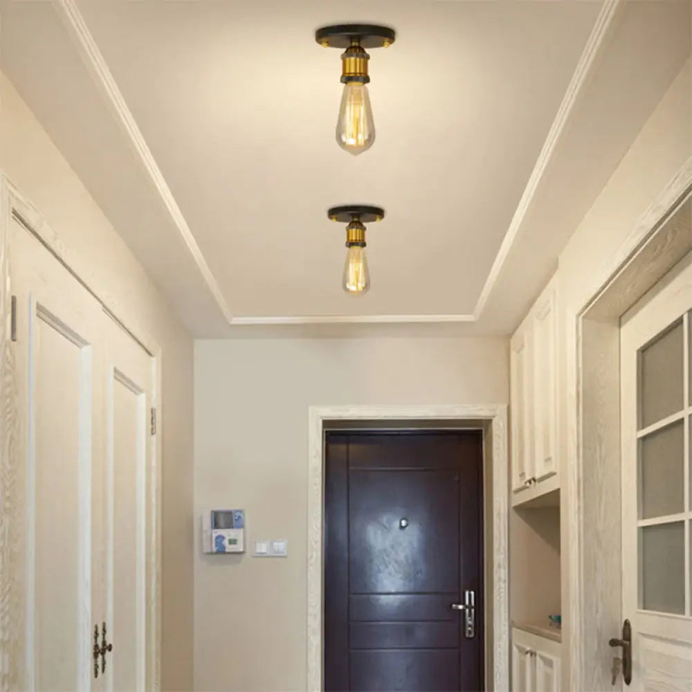DecorBites™ DecorBites™ Retro Industrial Metal Black/Brass Finish Ceiling Lighting - Exposed Bulb Semi Flush Mount Light for Balcony- 1 Light