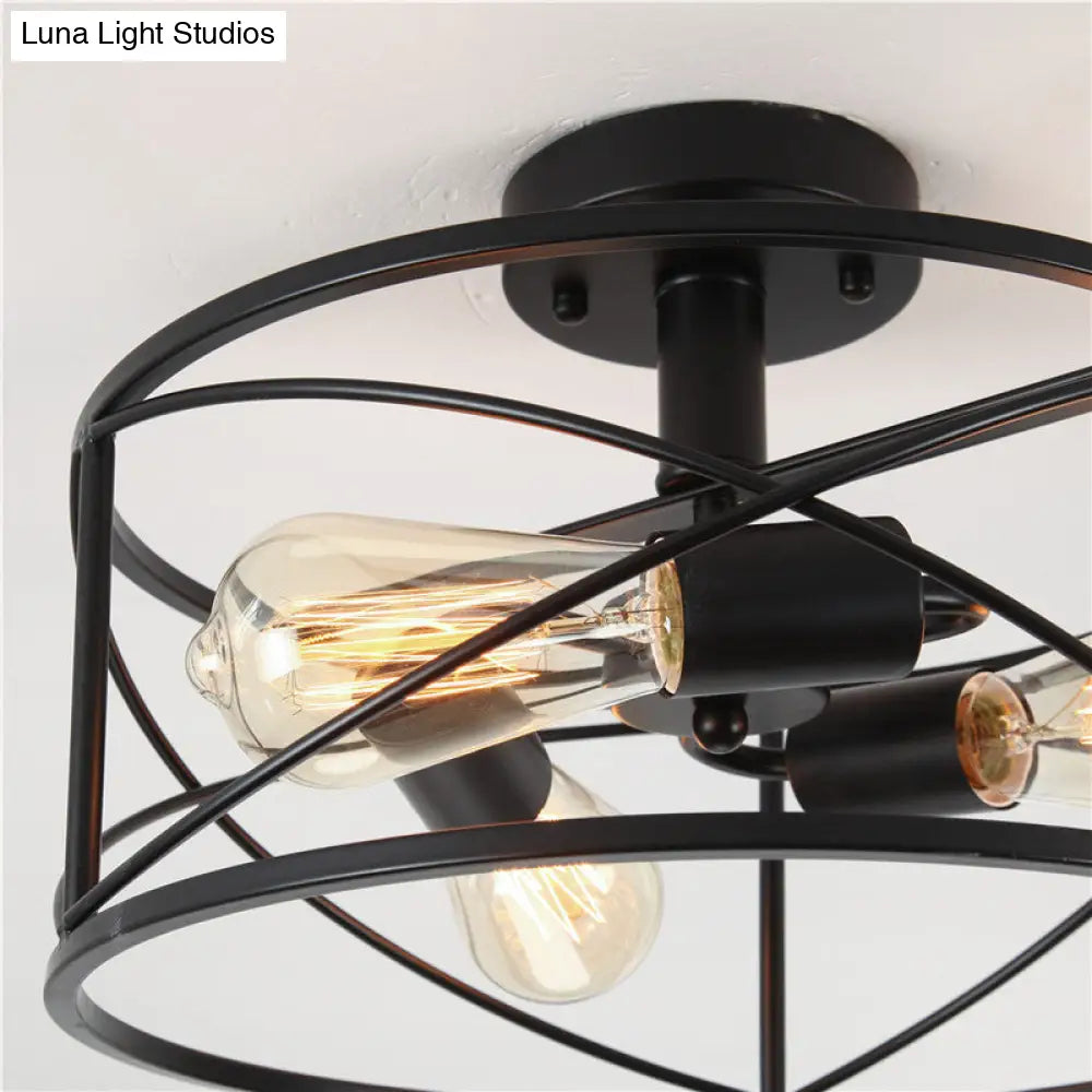 Retro Industrial Metal Flush Mount Ceiling Light for Living Room - Trellis Cage Design