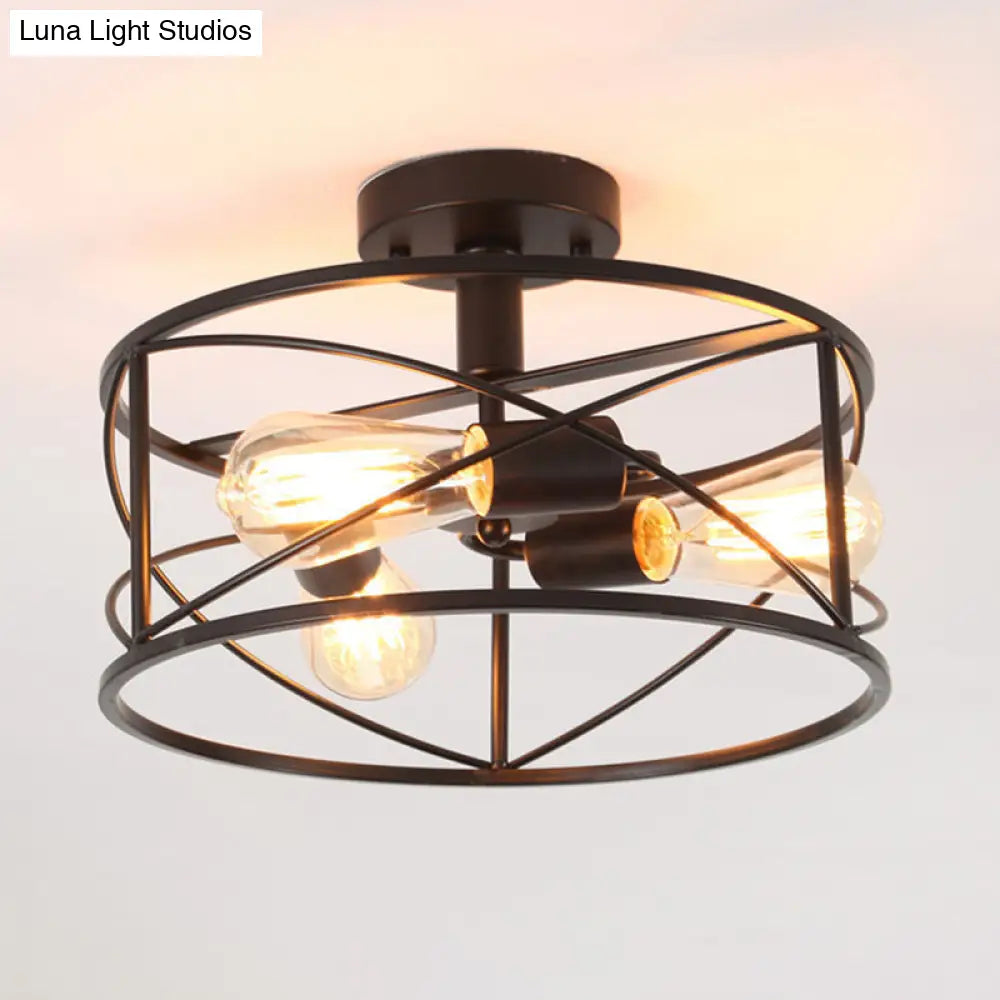 Retro Industrial Metal Flush Mount Ceiling Light for Living Room - Trellis Cage Design