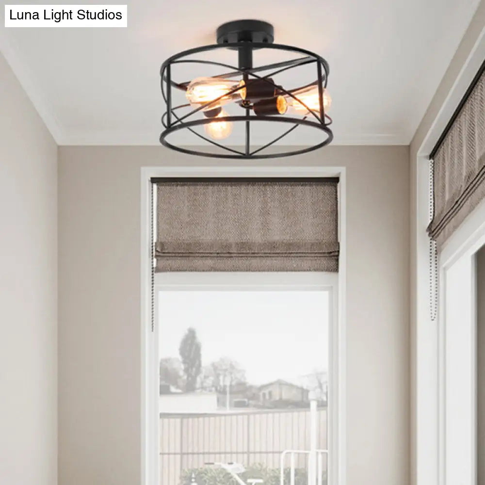 Retro Industrial Metal Flush Mount Ceiling Light for Living Room - Trellis Cage Design