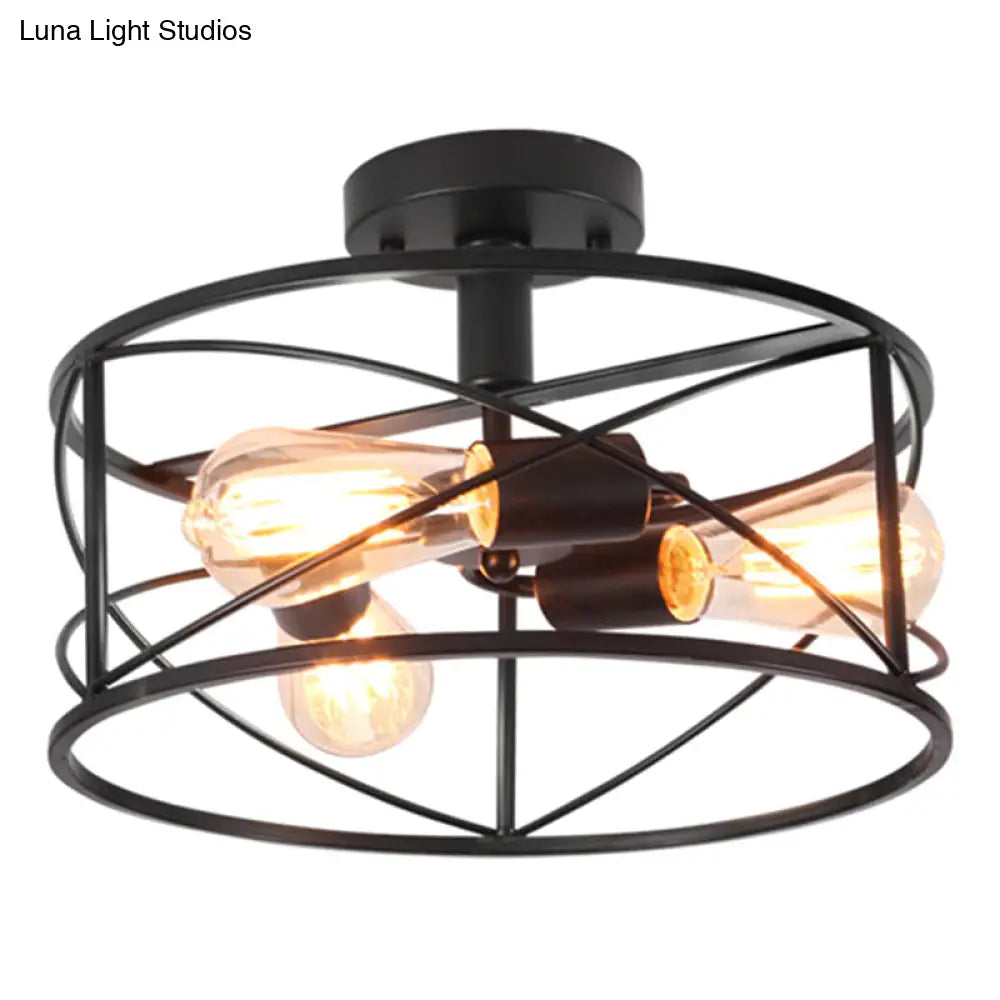 Retro Industrial Metal Flush Mount Ceiling Light for Living Room - Trellis Cage Design