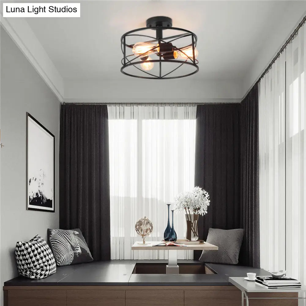 Retro Industrial Metal Flush Mount Ceiling Light for Living Room - Trellis Cage Design