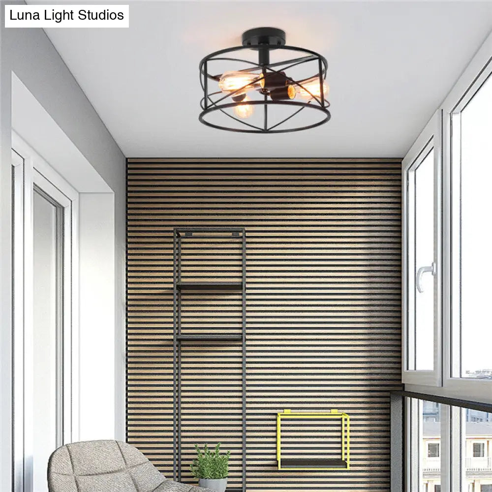 Retro Industrial Metal Flush Mount Ceiling Light for Living Room - Trellis Cage Design