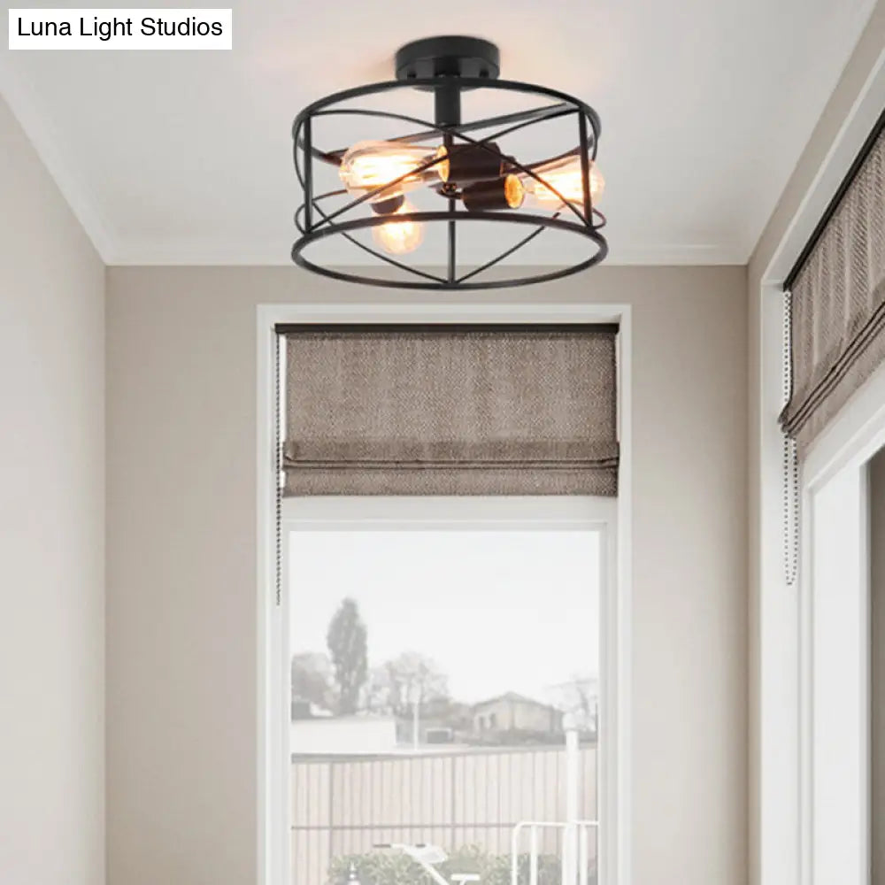Retro Industrial Metal Flush Mount Ceiling Light for Living Room - Trellis Cage Design