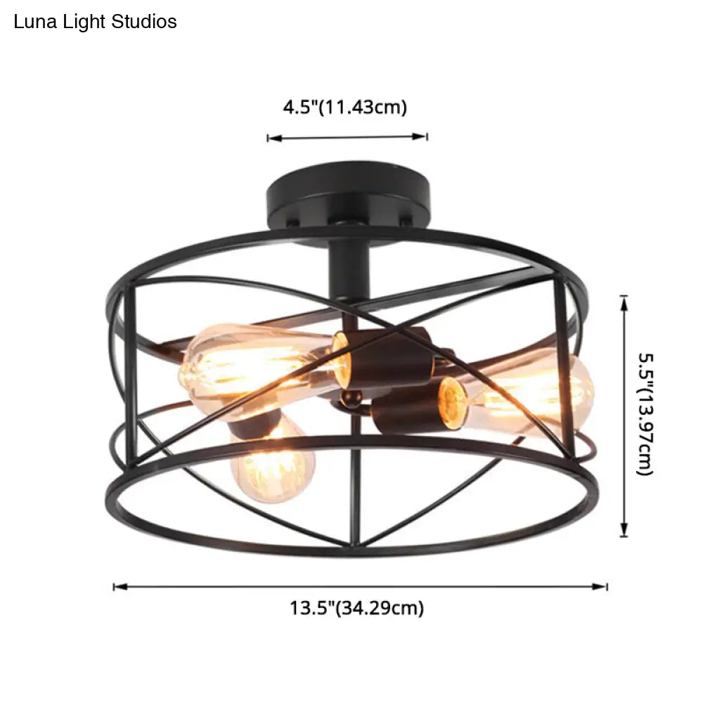 Retro Industrial Metal Flush Mount Ceiling Light for Living Room - Trellis Cage Design
