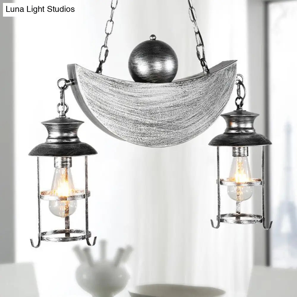 Retro Industrial Metal Pendant Chandelier with 2 Lights - Caged Living Room Fixture (Gold/Silver)