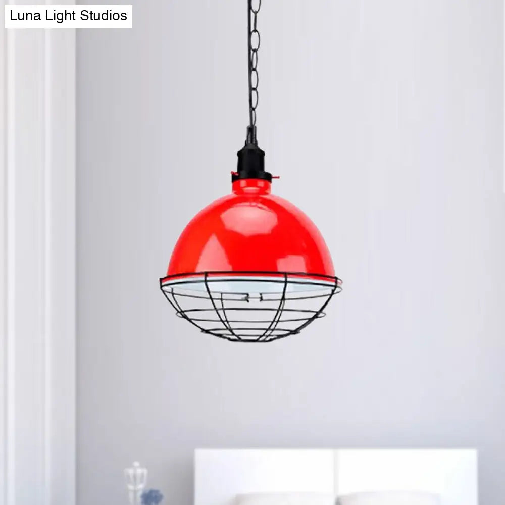 Retro Industrial Metal Pendant Light - Bowl Shade, 1 Bulb - Black/White/Red - Indoor Ceiling Light with Wire Guard and Chain