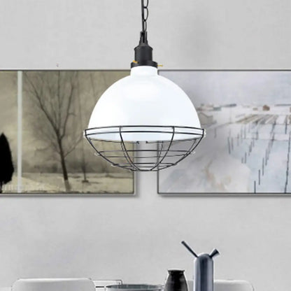 Retro Industrial Metal Pendant Light - Bowl Shade, 1 Bulb - Black/White/Red - Indoor Ceiling Light with Wire Guard and Chain