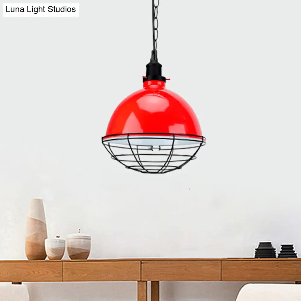 Retro Industrial Metal Pendant Light - Bowl Shade, 1 Bulb - Black/White/Red - Indoor Ceiling Light with Wire Guard and Chain