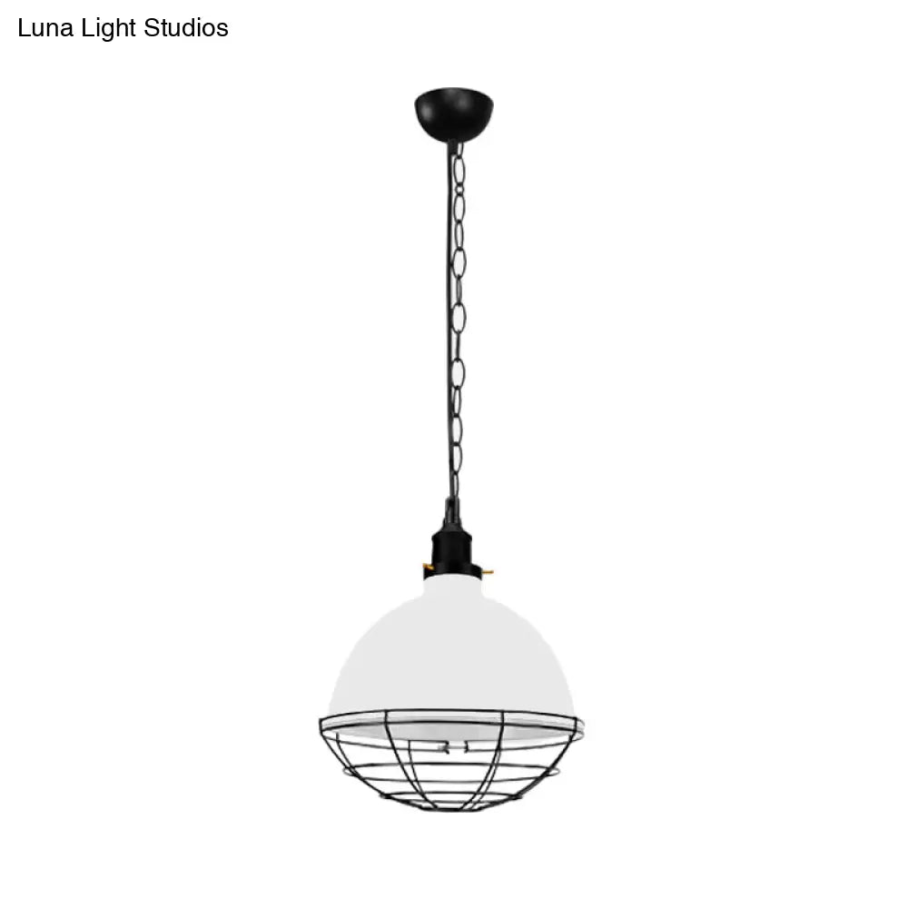 Retro Industrial Metal Pendant Light - Bowl Shade, 1 Bulb - Black/White/Red - Indoor Ceiling Light with Wire Guard and Chain