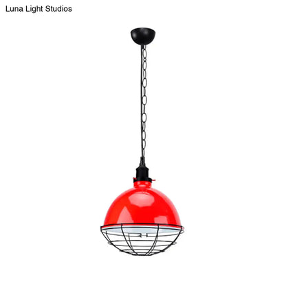 Retro Industrial Metal Pendant Light - Bowl Shade, 1 Bulb - Black/White/Red - Indoor Ceiling Light with Wire Guard and Chain