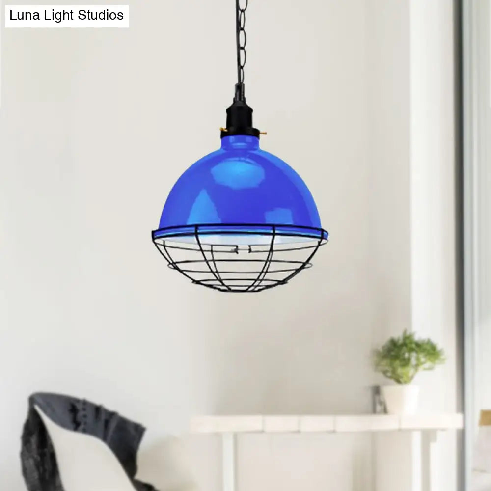 Retro Industrial Metal Pendant Light - Bowl Shade, 1 Bulb - Black/White/Red - Indoor Ceiling Light with Wire Guard and Chain