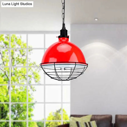 Retro Industrial Metal Pendant Light - Bowl Shade, 1 Bulb - Black/White/Red - Indoor Ceiling Light with Wire Guard and Chain