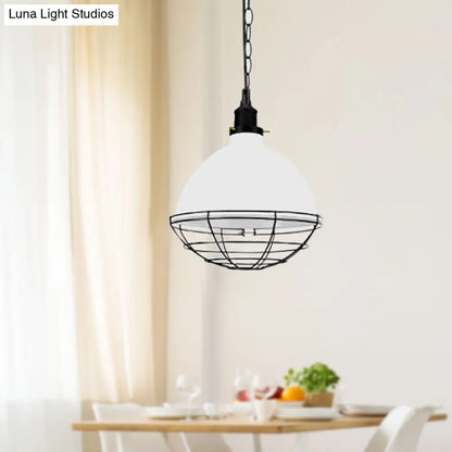 Retro Industrial Metal Pendant Light - Bowl Shade, 1 Bulb - Black/White/Red - Indoor Ceiling Light with Wire Guard and Chain