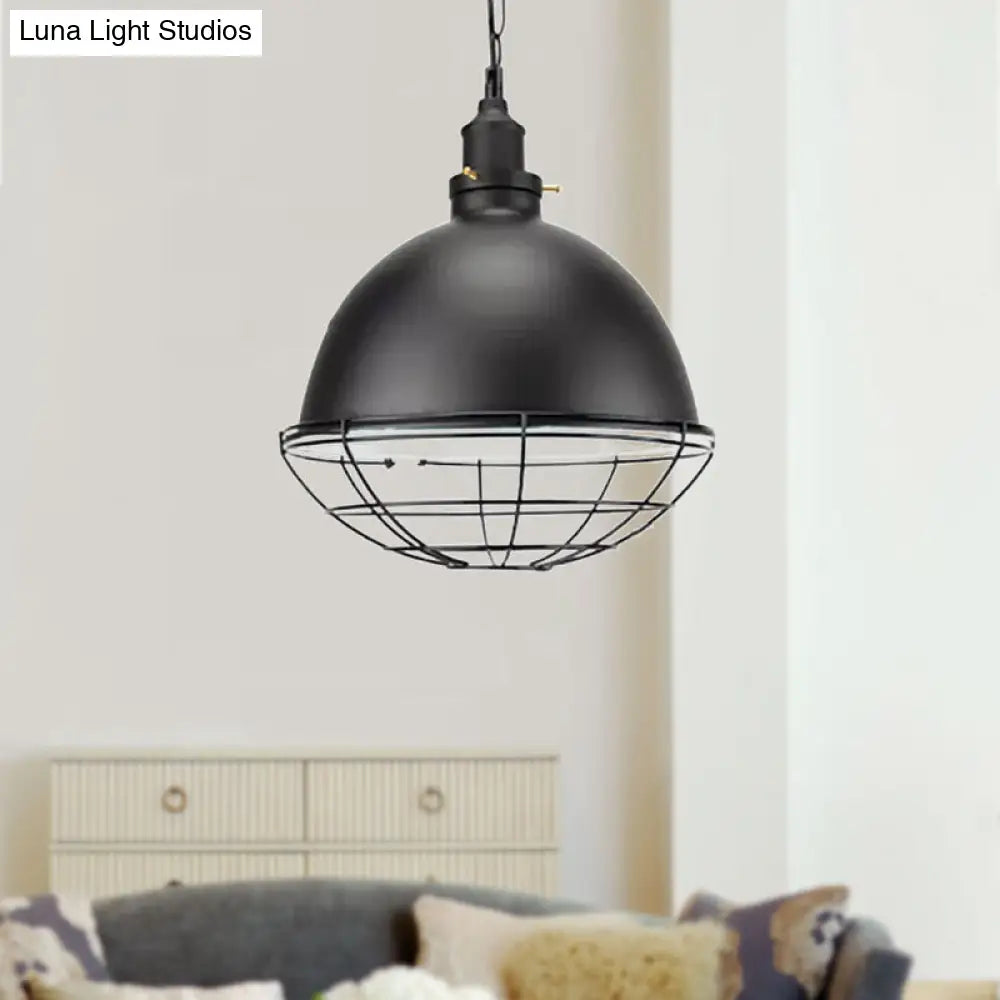 Retro Industrial Metal Pendant Light - Bowl Shade, 1 Bulb - Black/White/Red - Indoor Ceiling Light with Wire Guard and Chain