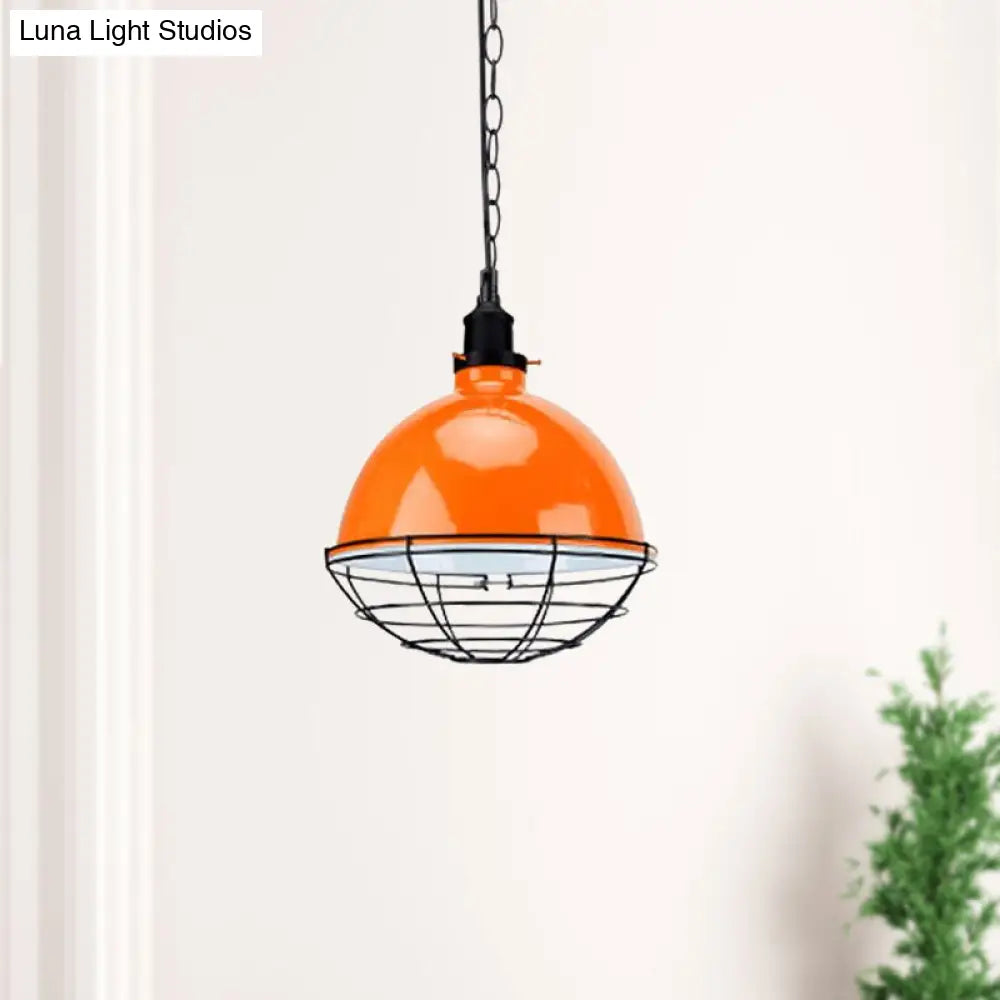 Retro Industrial Metal Pendant Light - Bowl Shade, 1 Bulb - Black/White/Red - Indoor Ceiling Light with Wire Guard and Chain