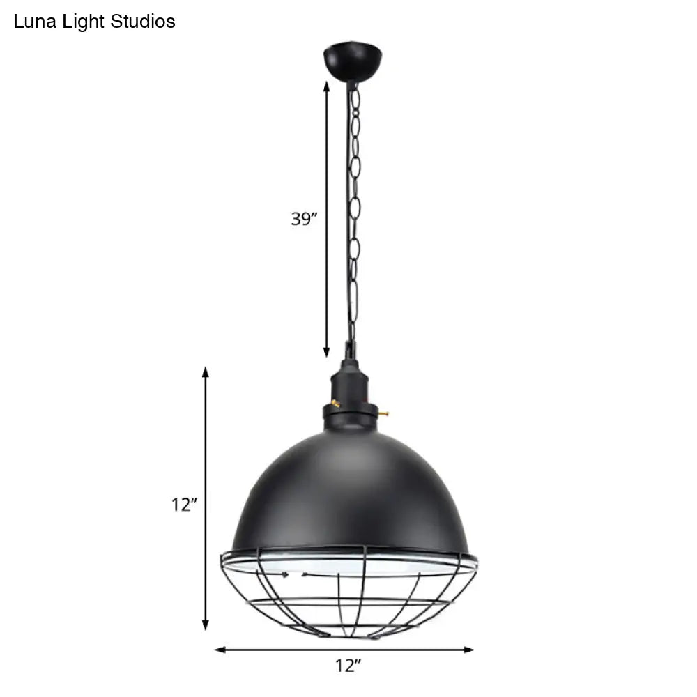 Retro Industrial Metal Pendant Light - Bowl Shade, 1 Bulb - Black/White/Red - Indoor Ceiling Light with Wire Guard and Chain