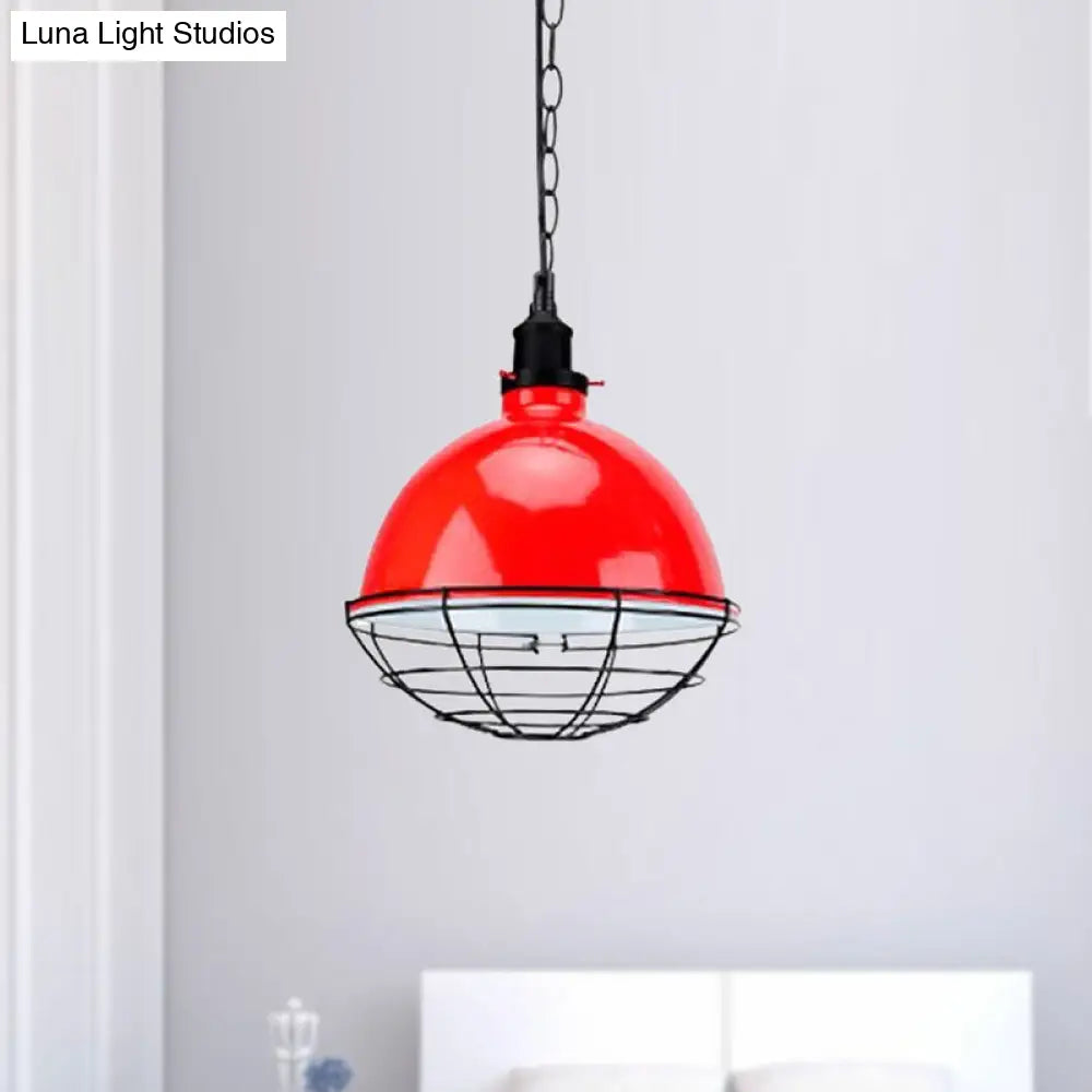 Retro Industrial Metal Pendant Light - Bowl Shade, 1 Bulb - Black/White/Red - Indoor Ceiling Light with Wire Guard and Chain