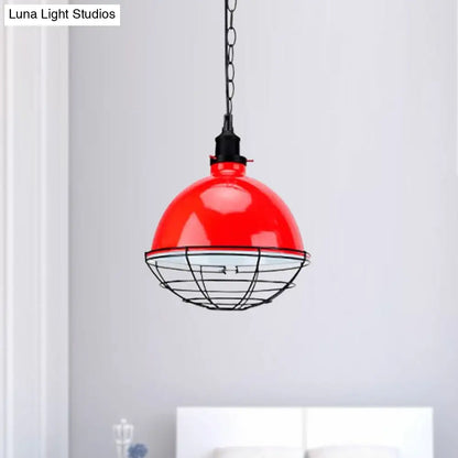 Retro Industrial Metal Pendant Light - Bowl Shade, 1 Bulb - Black/White/Red - Indoor Ceiling Light with Wire Guard and Chain