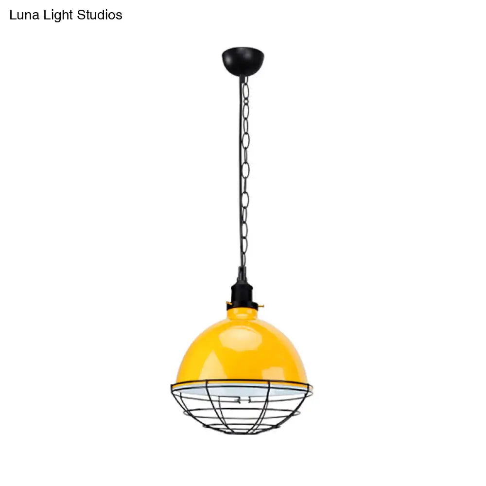 Retro Industrial Metal Pendant Light - Bowl Shade, 1 Bulb - Black/White/Red - Indoor Ceiling Light with Wire Guard and Chain