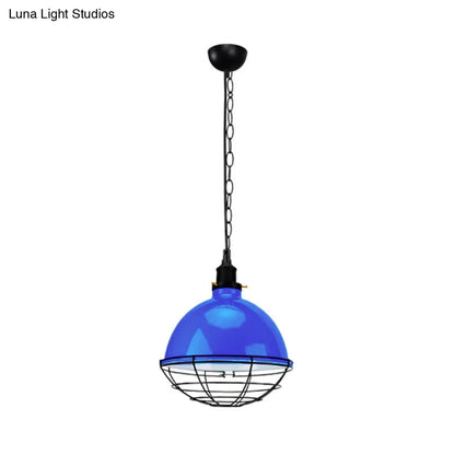 Retro Industrial Metal Pendant Light - Bowl Shade, 1 Bulb - Black/White/Red - Indoor Ceiling Light with Wire Guard and Chain