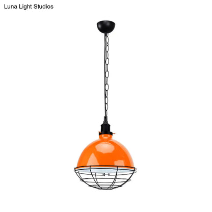 Retro Industrial Metal Pendant Light - Bowl Shade, 1 Bulb - Black/White/Red - Indoor Ceiling Light with Wire Guard and Chain