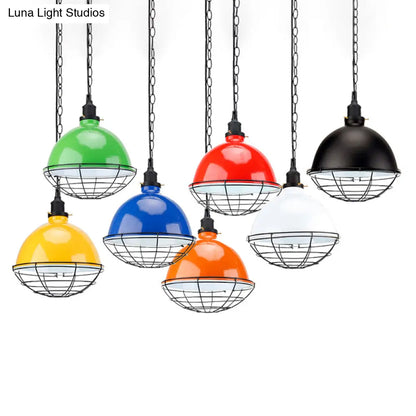 Retro Industrial Metal Pendant Light - Bowl Shade, 1 Bulb - Black/White/Red - Indoor Ceiling Light with Wire Guard and Chain