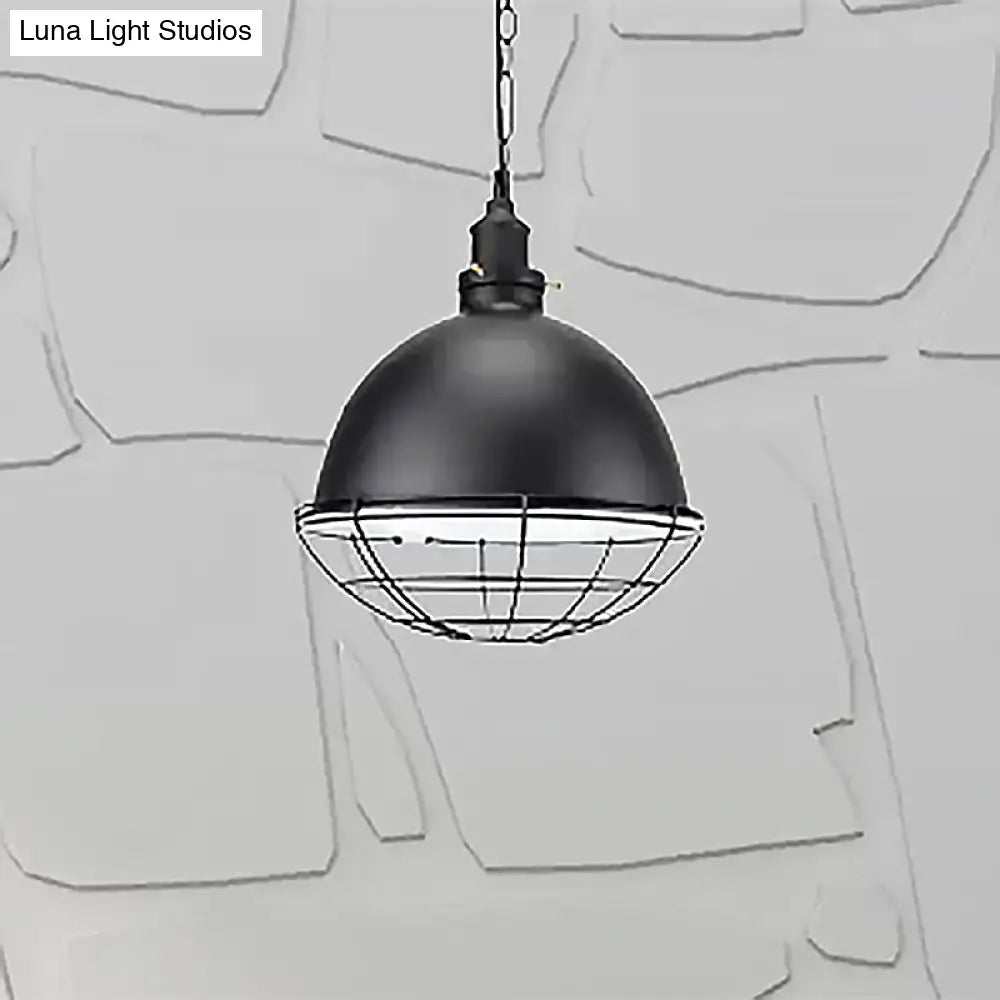 Retro Industrial Metal Pendant Light - Bowl Shade, 1 Bulb - Black/White/Red - Indoor Ceiling Light with Wire Guard and Chain