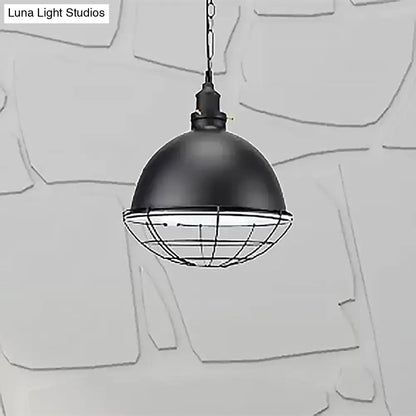 Retro Industrial Metal Pendant Light - Bowl Shade, 1 Bulb - Black/White/Red - Indoor Ceiling Light with Wire Guard and Chain